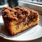 A close-up of a moist slice of coffee cake featuring a thick, dark brown cinnamon streusel topping.