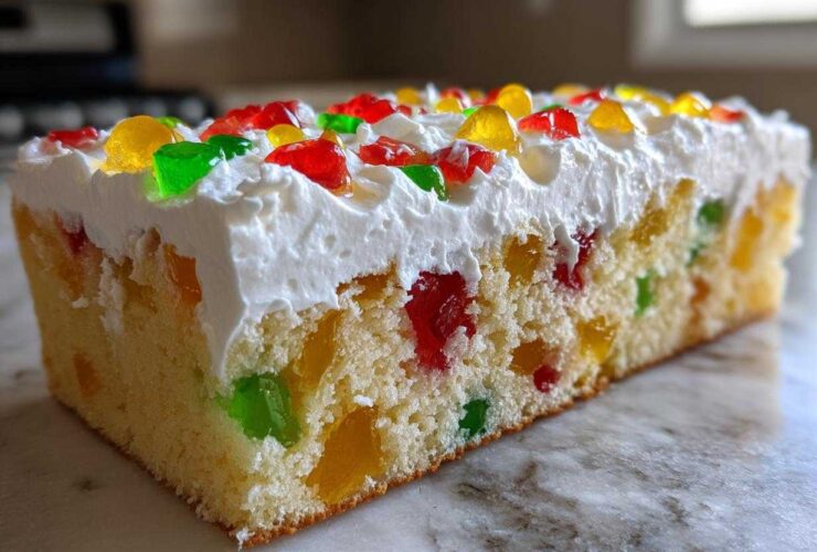Close-up of a slice of moist jello poke cake showing colorful gelatin pieces inside the vanilla cake, topped with whipped cream and candied fruit.