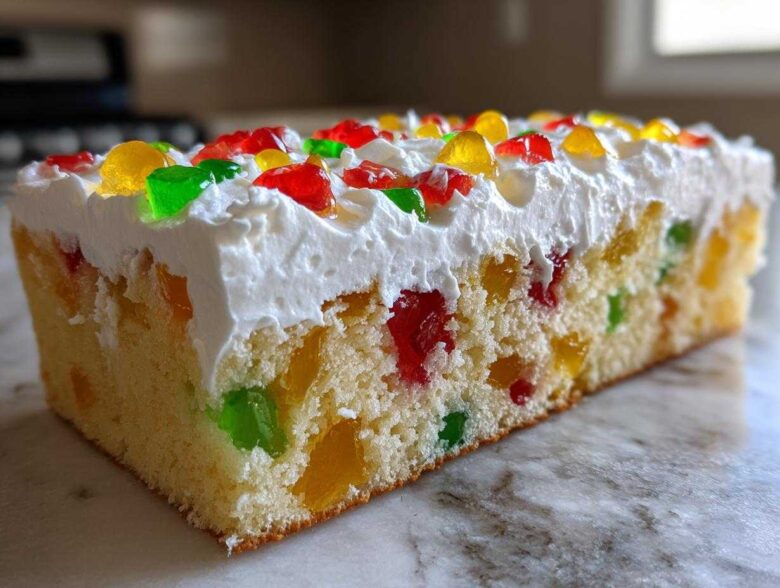 Close-up of a slice of moist jello poke cake showing colorful gelatin pieces inside the vanilla cake, topped with whipped cream and candied fruit.