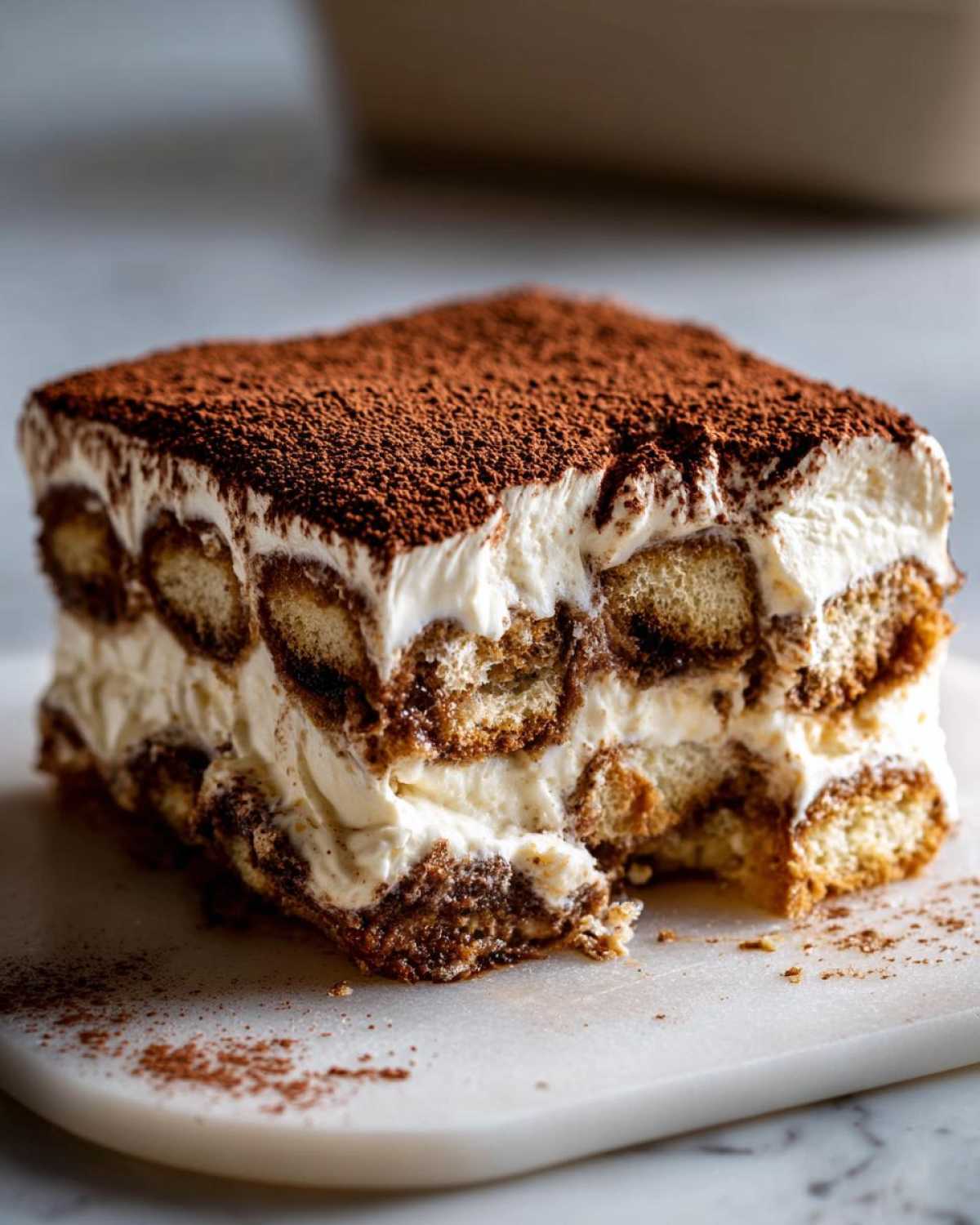 A close-up of a thick, layered slice of tiramisu recipe showing ladyfingers soaked in coffee and creamy mascarpone, dusted heavily with cocoa powder.