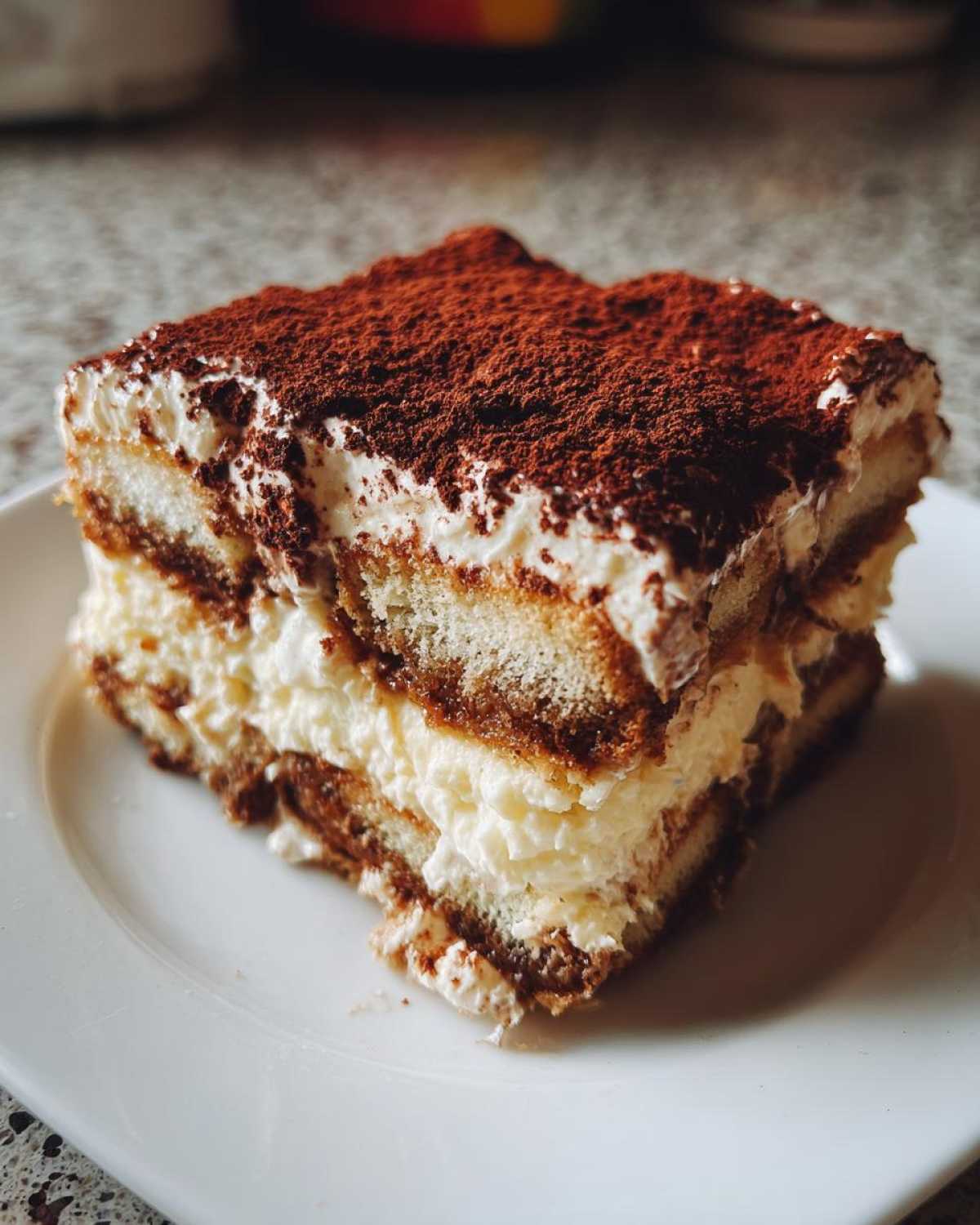 A rich, layered slice of homemade tiramisu recipe dusted heavily with cocoa powder, served on a white plate.