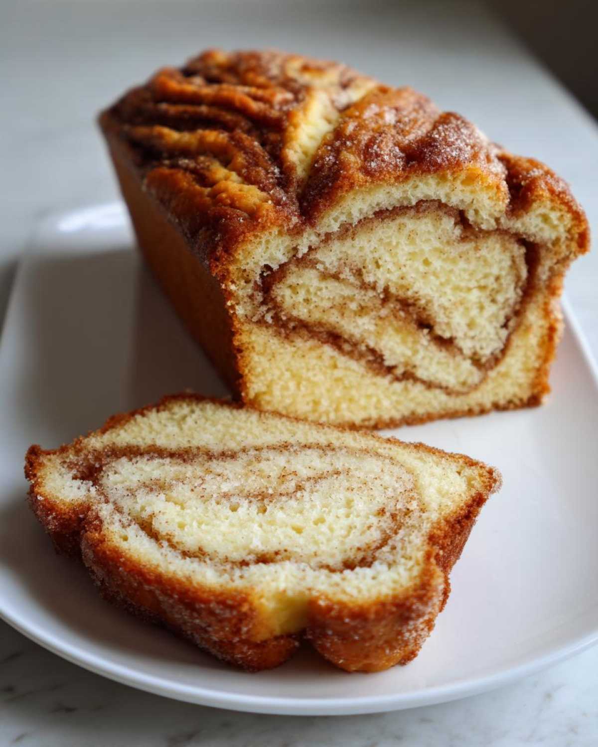 A loaf of homemade cinnamon bread sliced on a white plate, showing the rich cinnamon swirl.
