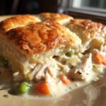 Close-up of a serving of slow cooker chicken pot pie with flaky, golden biscuits over creamy chicken and vegetable filling.