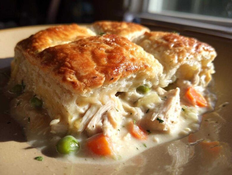 Close-up of a serving of slow cooker chicken pot pie with flaky, golden biscuits over creamy chicken and vegetable filling.