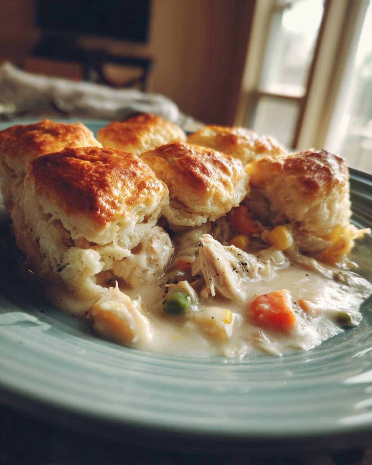 A close-up of a serving of creamy slow cooker chicken pot pie topped with golden, flaky biscuits on a blue plate.