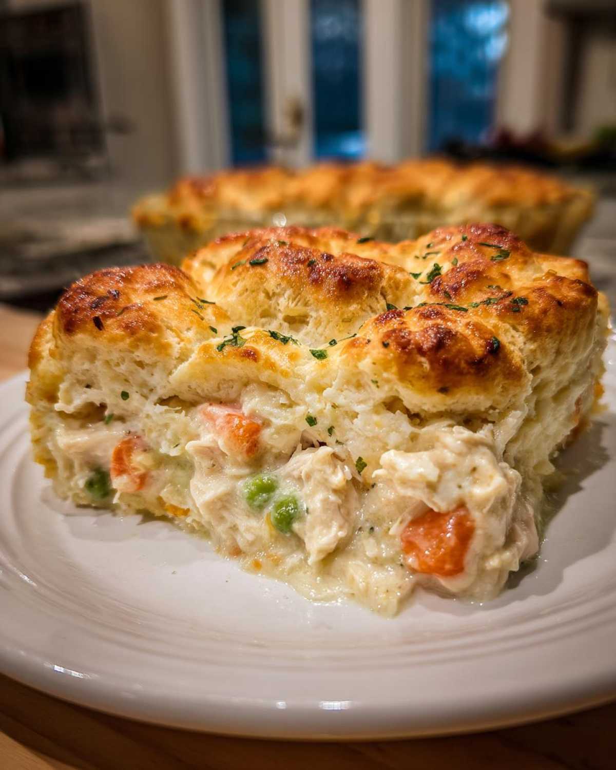 A close-up slice of slow cooker chicken pot pie showing creamy filling, chicken, carrots, and peas under a golden biscuit topping.