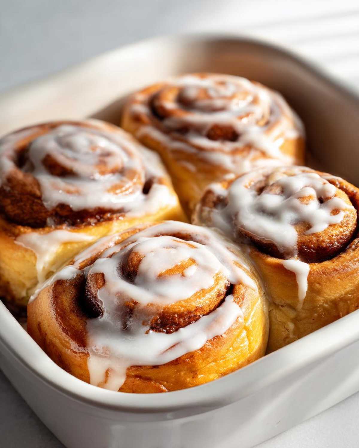 Four freshly baked small batch cinnamon rolls covered in thick white icing, nestled in a white baking dish.