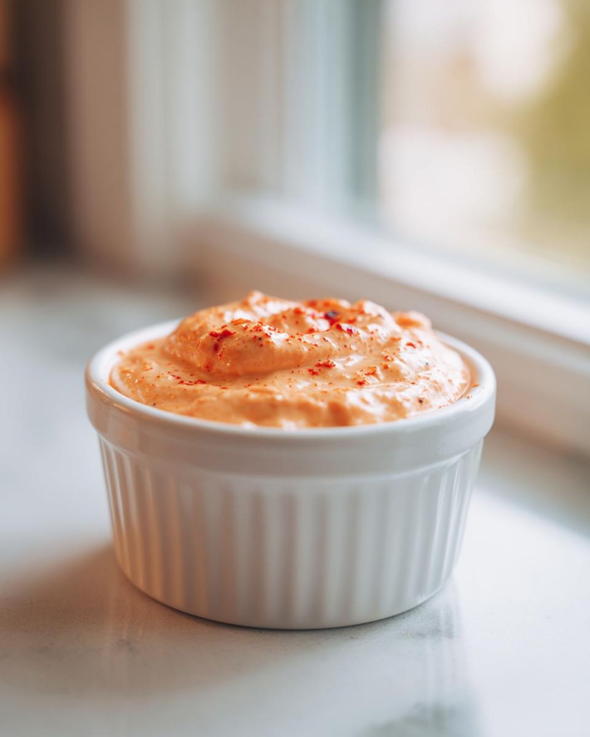Close-up of creamy, orange-tinted smash burger sauce sprinkled with paprika in a small white ramekin.