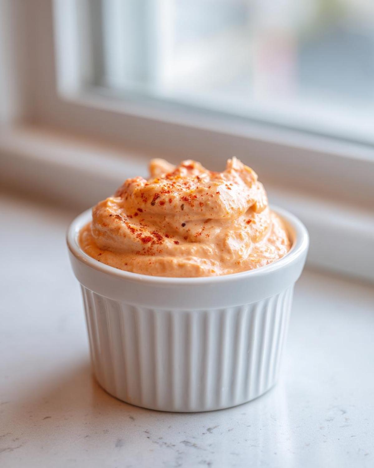 Close-up of creamy, orange-tinted smash burger sauce topped with paprika in a small white ramekin.