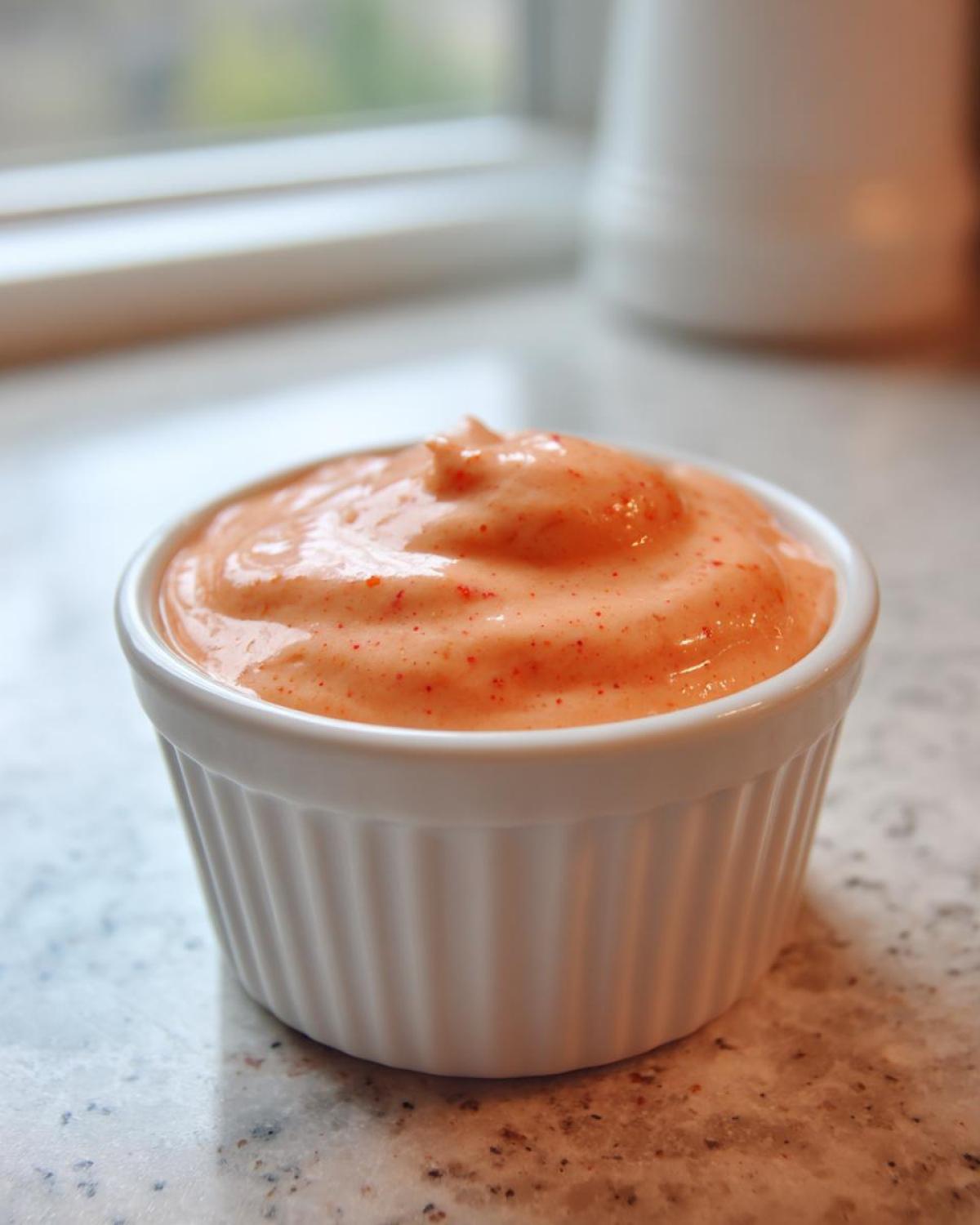 Close-up of creamy, orange-tinted smash burger sauce served in a small white fluted ramekin.