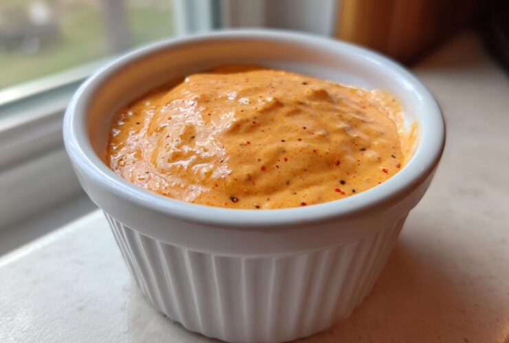 Close-up of a creamy, orange-hued smash burger sauce speckled with spices, served in a small white fluted ramekin.