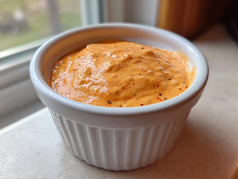 Close-up of a creamy, orange-hued smash burger sauce speckled with spices, served in a small white fluted ramekin.