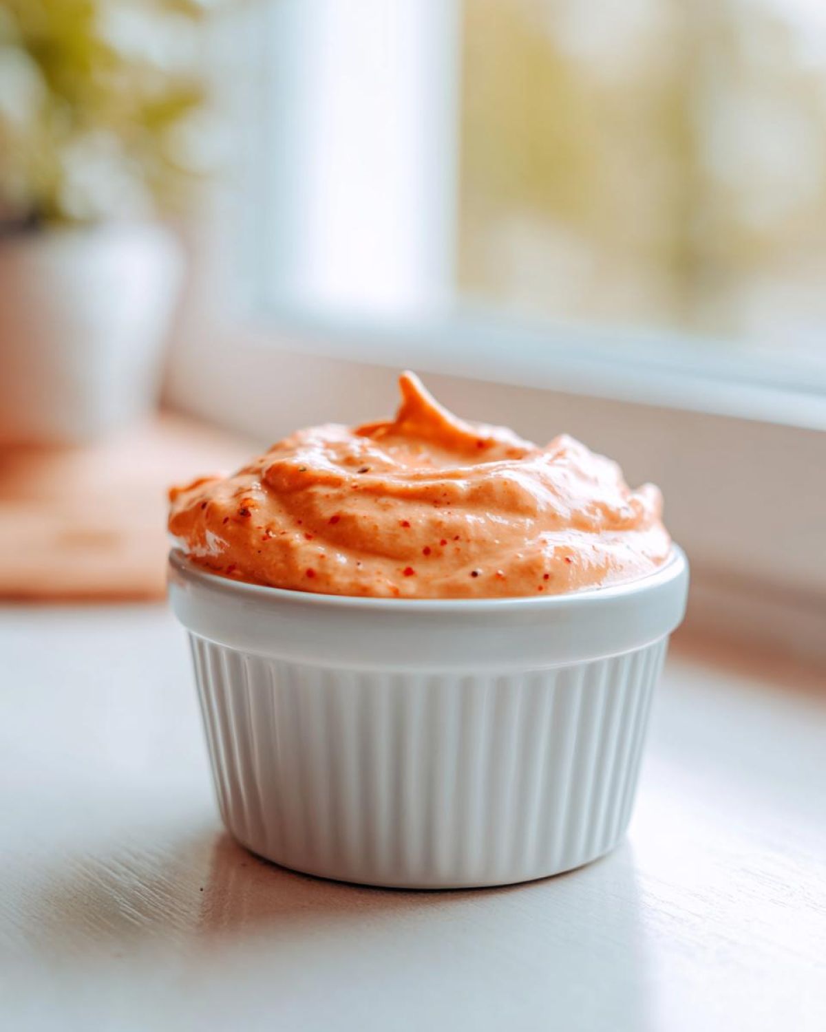 A close-up of creamy, orange-hued smash burger sauce with visible red specks, served in a small white ramekin.