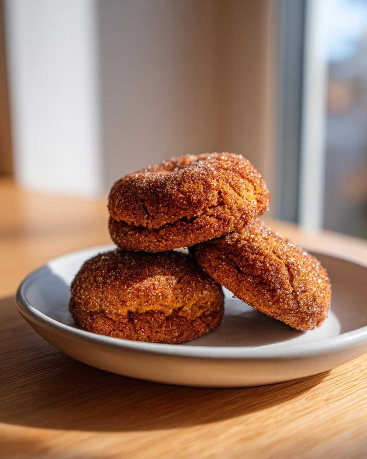 Three soft, thick pumpkin snickerdoodle cookies coated in cinnamon sugar stacked on a small white plate.