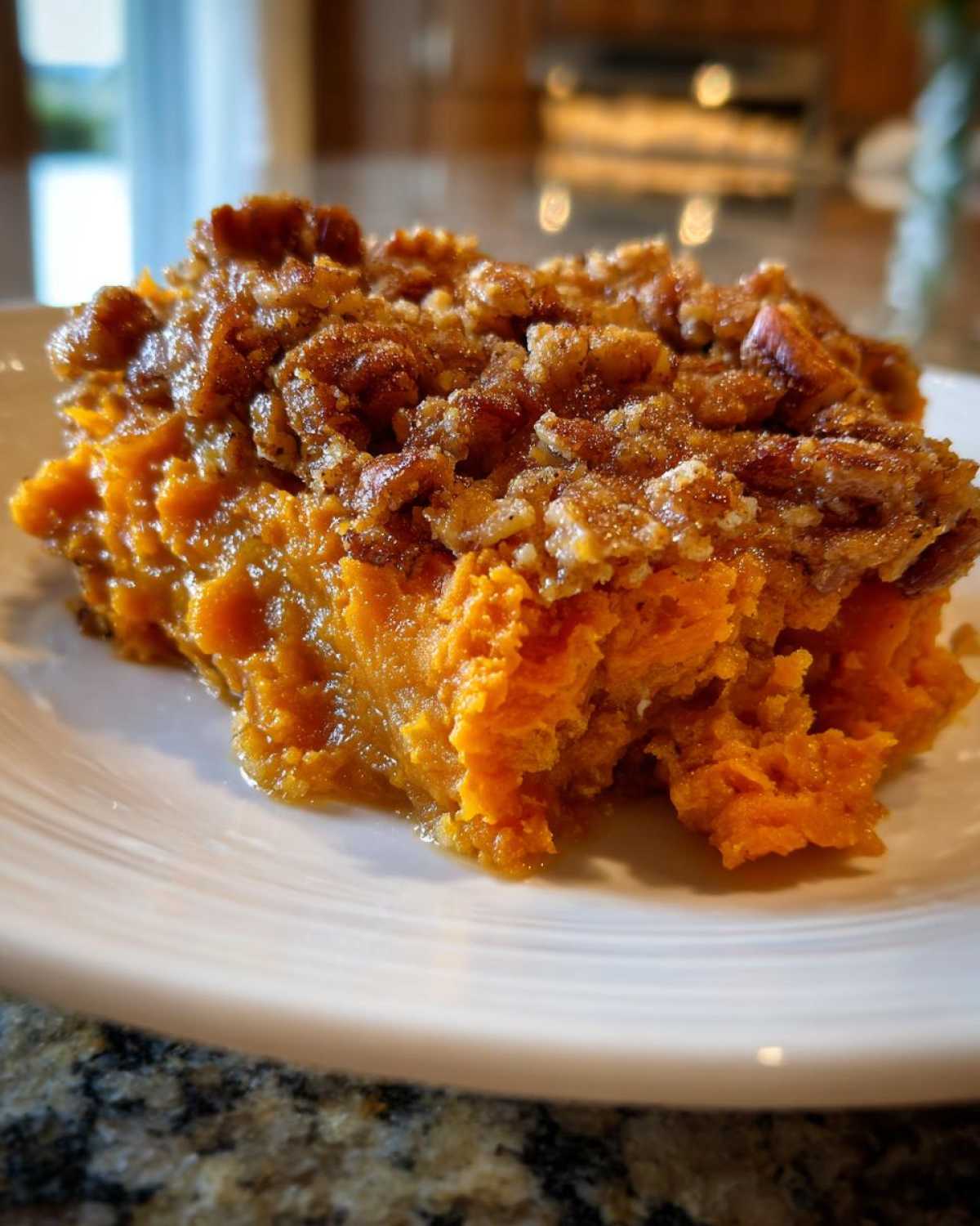 Close-up of a serving of rich, orange southern sweet potato casserole topped with a crunchy pecan streusel.