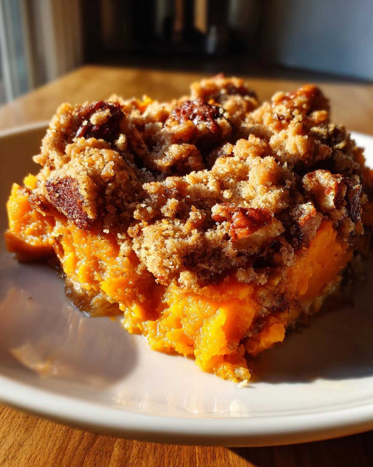 A close-up of a rich, orange slice of southern sweet potato casserole topped with a crunchy pecan streusel.