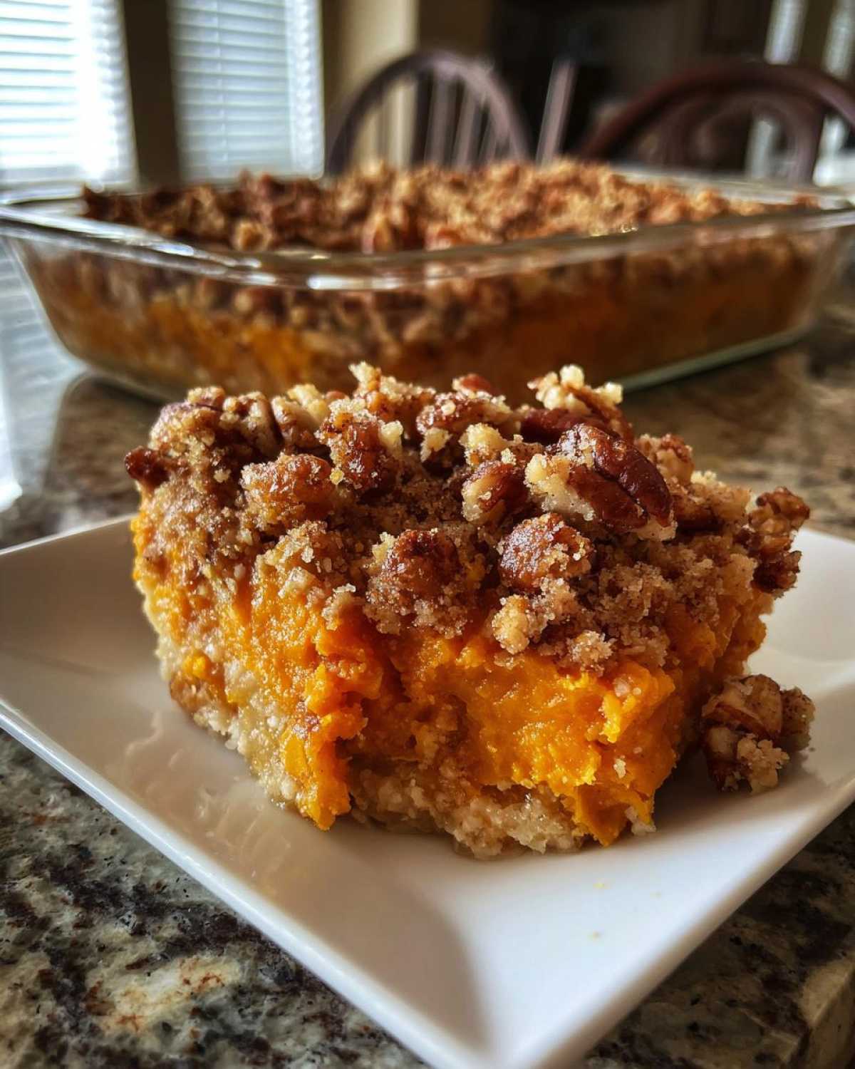 A close-up serving of southern sweet potato casserole with a thick pecan crumble topping on a white plate.