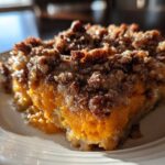 Close-up of a rich slice of southern sweet potato casserole topped with a crunchy pecan streusel.