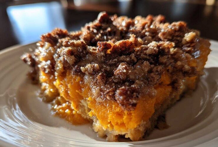 Close-up of a rich slice of southern sweet potato casserole topped with a crunchy pecan streusel.