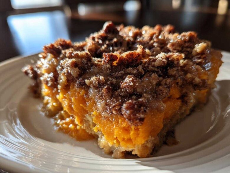 Close-up of a rich slice of southern sweet potato casserole topped with a crunchy pecan streusel.
