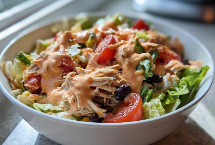 Close-up of a vibrant southwest chicken salad featuring shredded chicken, tomatoes, black beans, and creamy orange dressing.