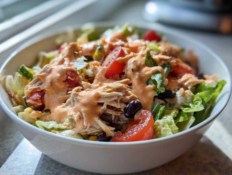 Close-up of a vibrant southwest chicken salad featuring shredded chicken, tomatoes, black beans, and creamy orange dressing.