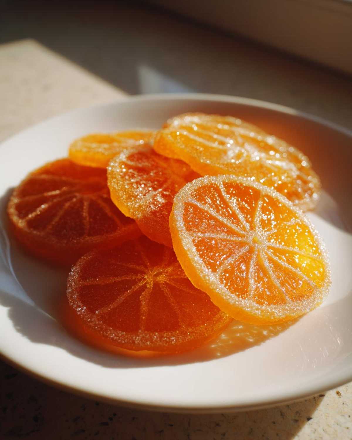 Close-up of glistening, sugar-coated candied orange slices piled on a white plate, catching the sunlight.