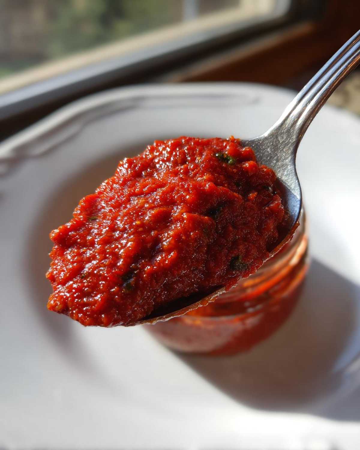 Close-up of a spoonful of thick, vibrant red pizza sauce being lifted from a jar.