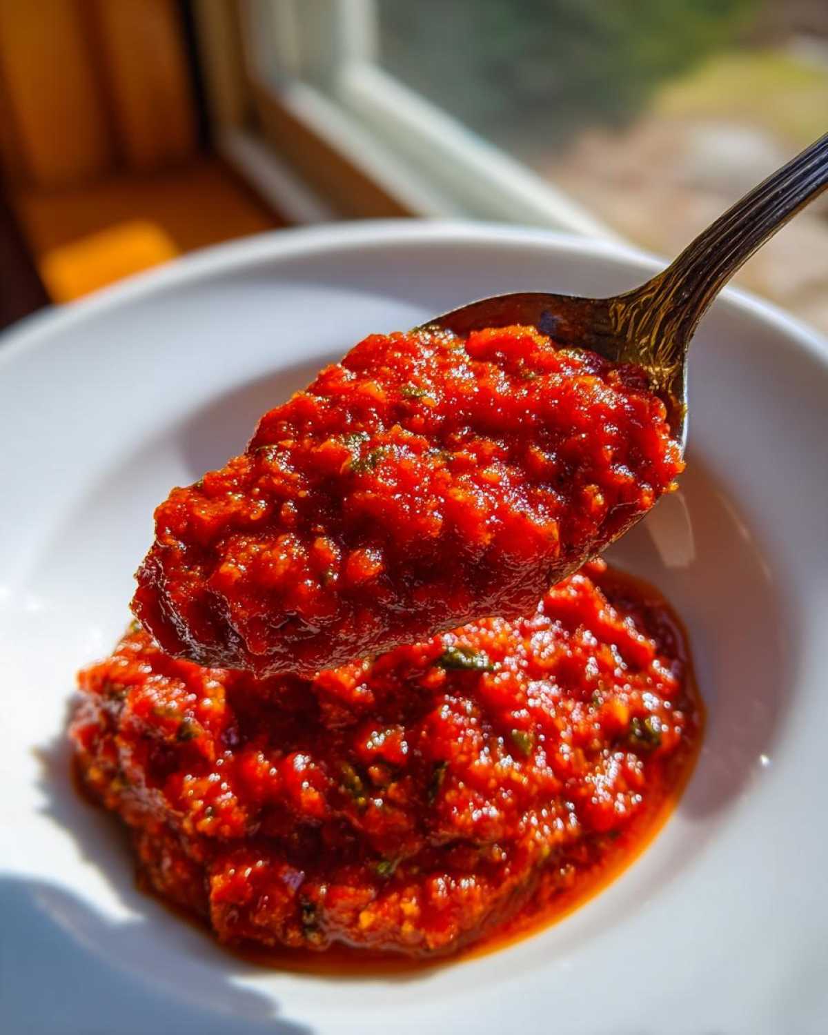 A spoonful of thick, vibrant red pizza sauce being lifted from a white bowl, showing texture and herbs.