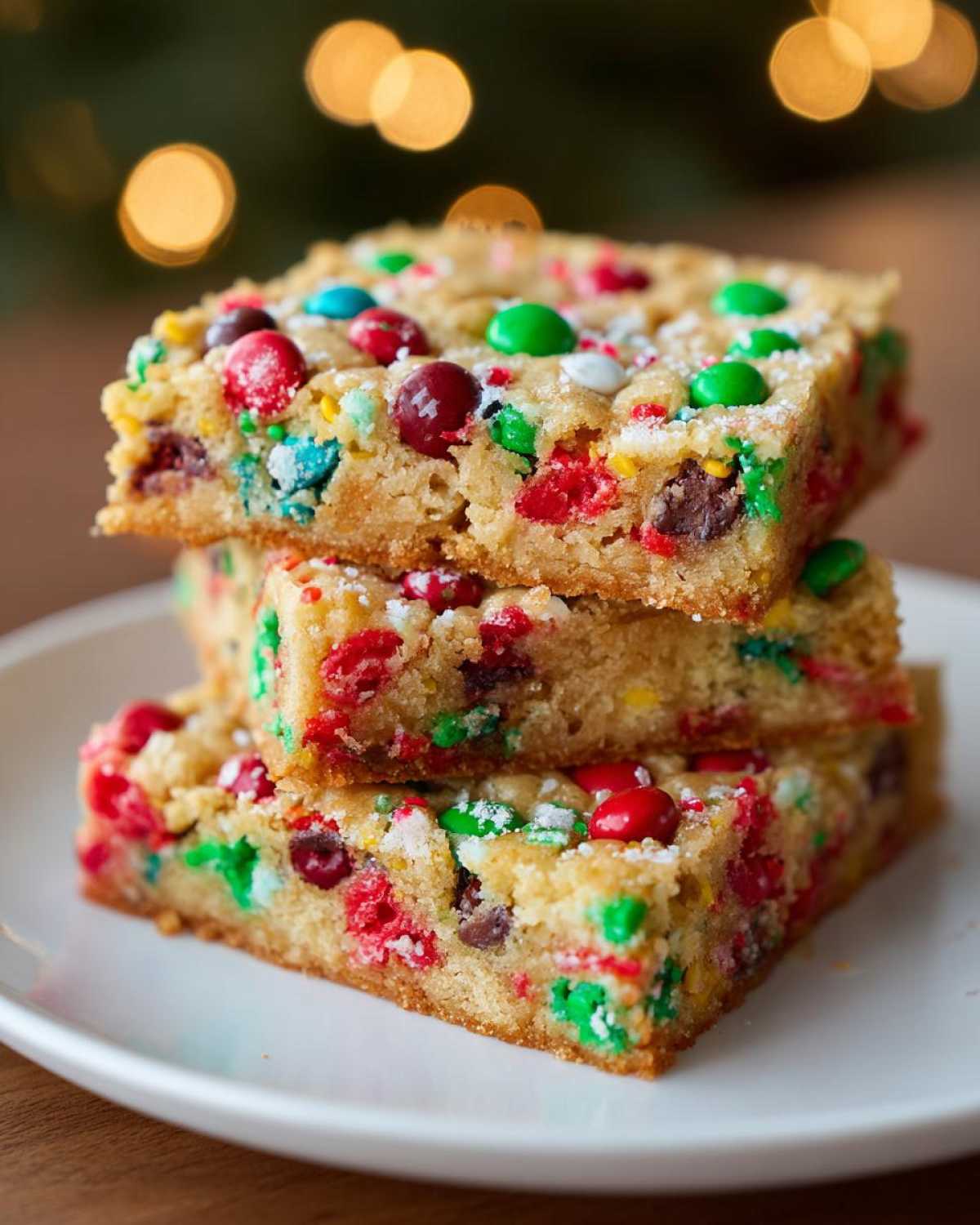 A stack of three thick christmas cookie bars loaded with red and green candies, dusted with powdered sugar.