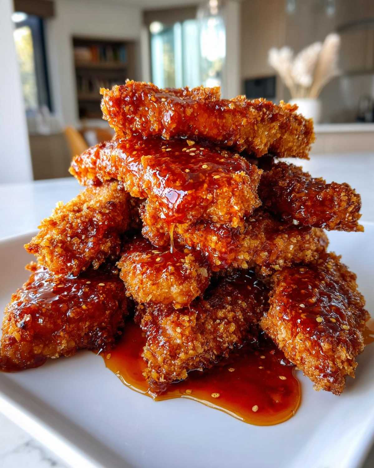 A tall stack of crispy, golden hot honey chicken tenders generously coated in a shiny, sweet and spicy glaze with sesame seeds.