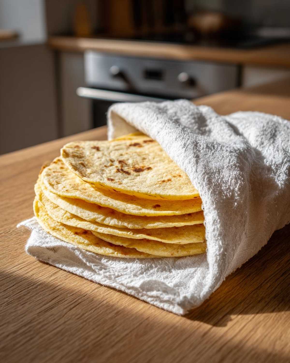A stack of warm, freshly made corn tortillas wrapped partially in a white kitchen towel on a wooden surface.