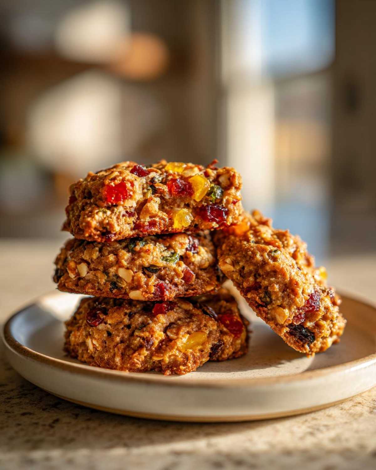 A stack of four homemade fruitcake cookies loaded with colorful candied fruit and nuts, sitting on a small plate.