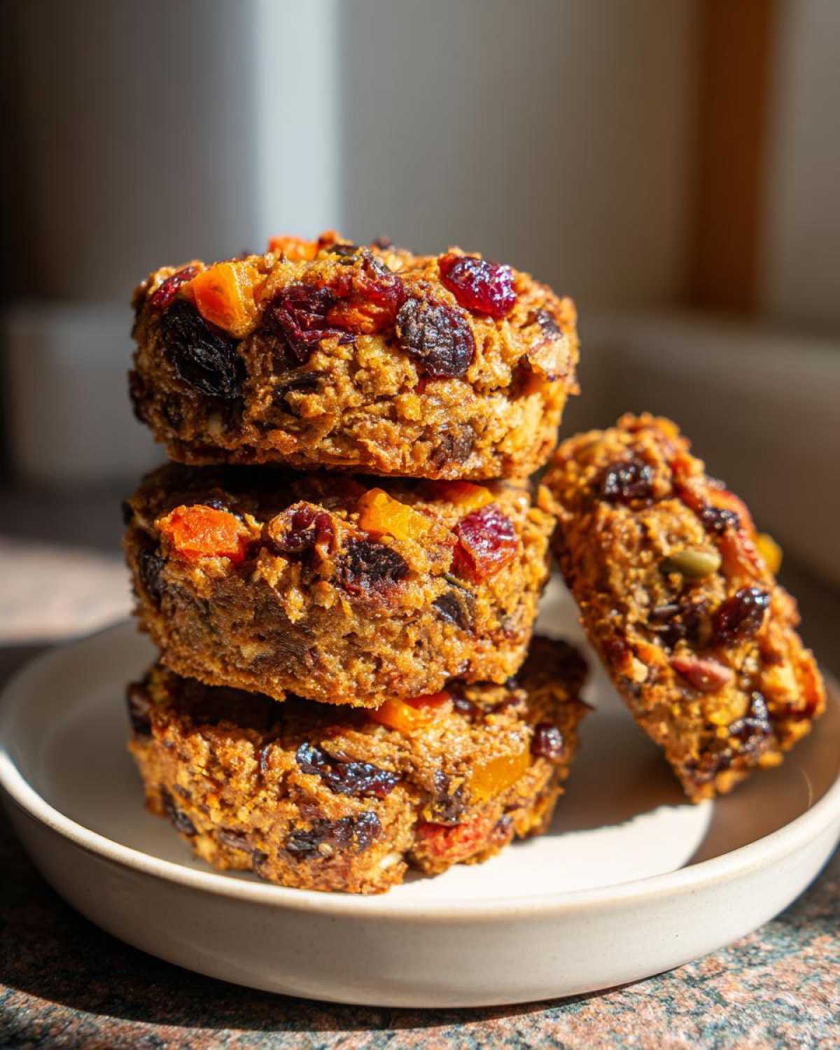 A stack of three dense fruitcake cookies loaded with dried cranberries and apricots, with one piece leaning against the stack.