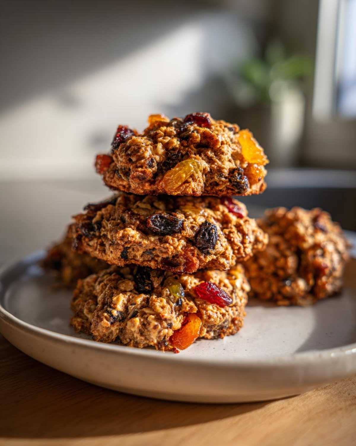 A stack of three homemade fruitcake cookies, rich with oats and colorful dried fruits, sitting on a light plate.