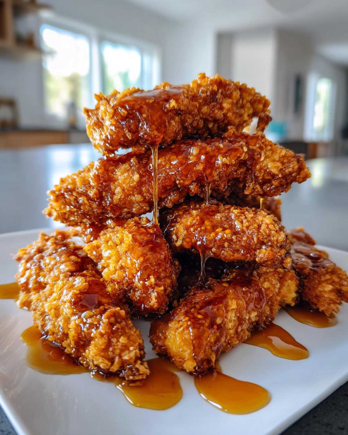 A tall stack of crispy, golden brown hot honey chicken tenders generously drizzled with glistening hot honey sauce.