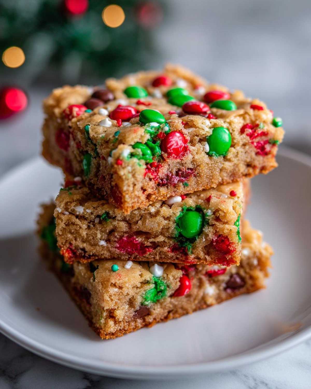 Three stacked squares of chewy christmas cookie bars topped with red, green, and white holiday M&M candies.