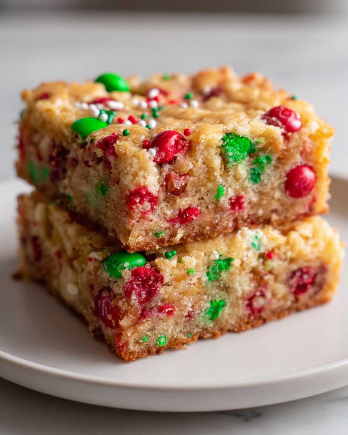 Two stacked, thick christmas cookie bars loaded with red and green M&Ms and festive sprinkles.