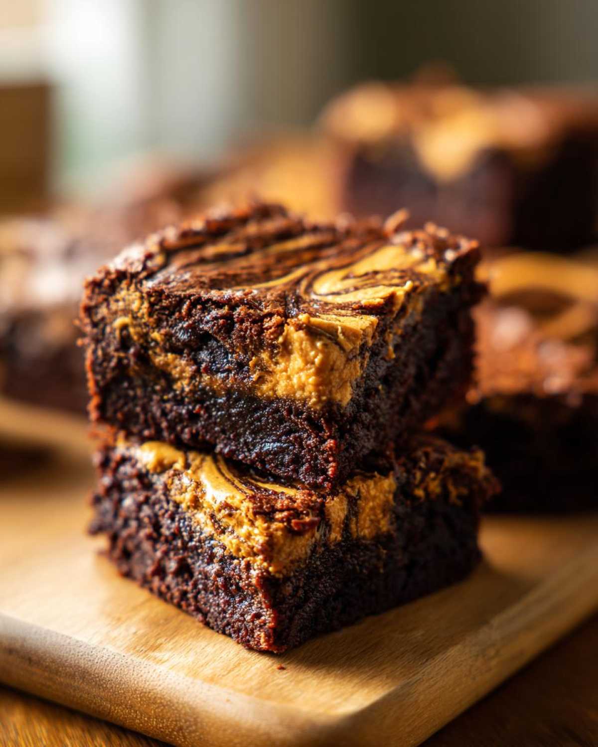 Two stacked, fudgy peanut butter swirl brownies showing the rich chocolate base and creamy peanut butter topping.