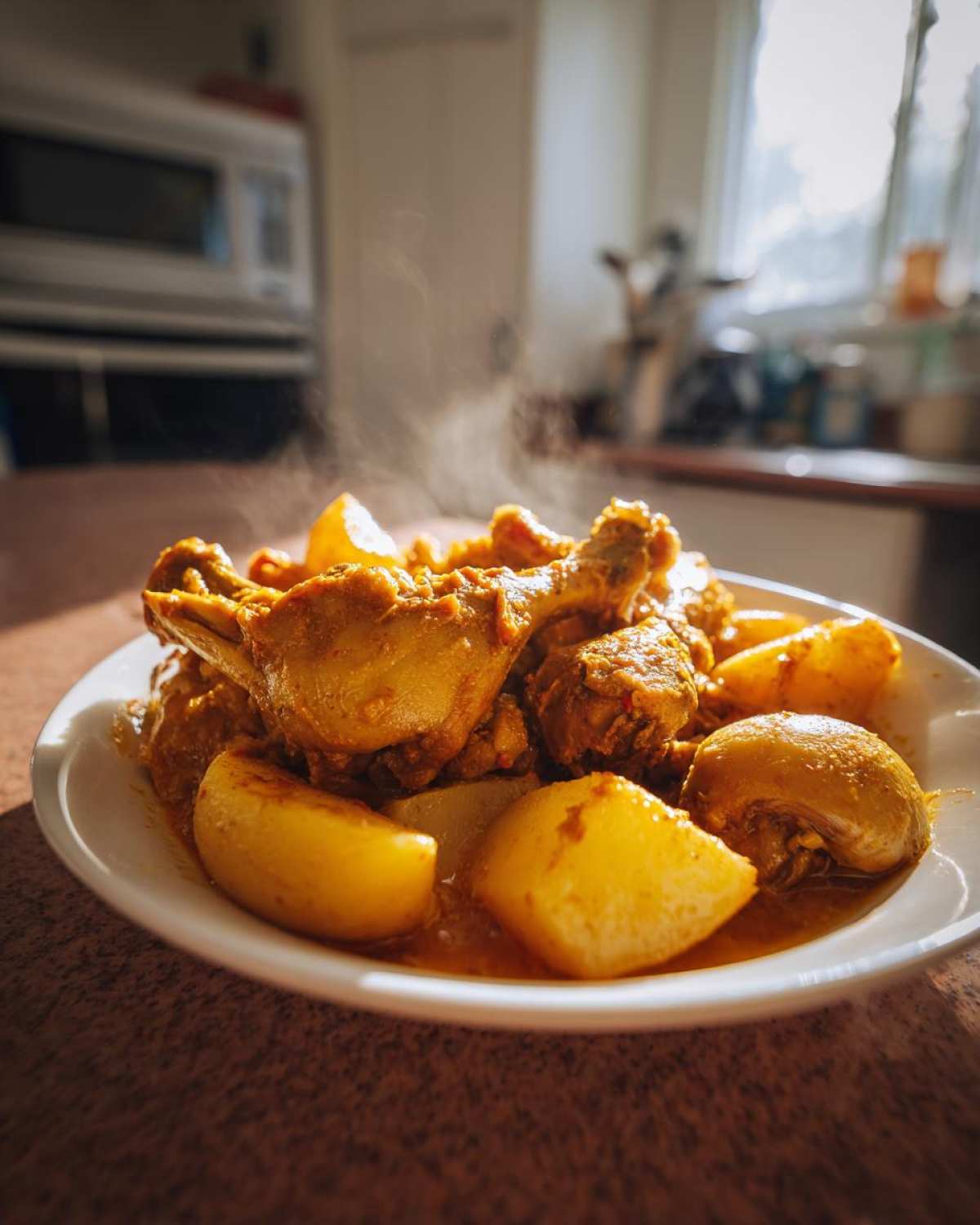 Close-up of steaming Jamaican Curry Chicken served with large chunks of potatoes on a white plate.