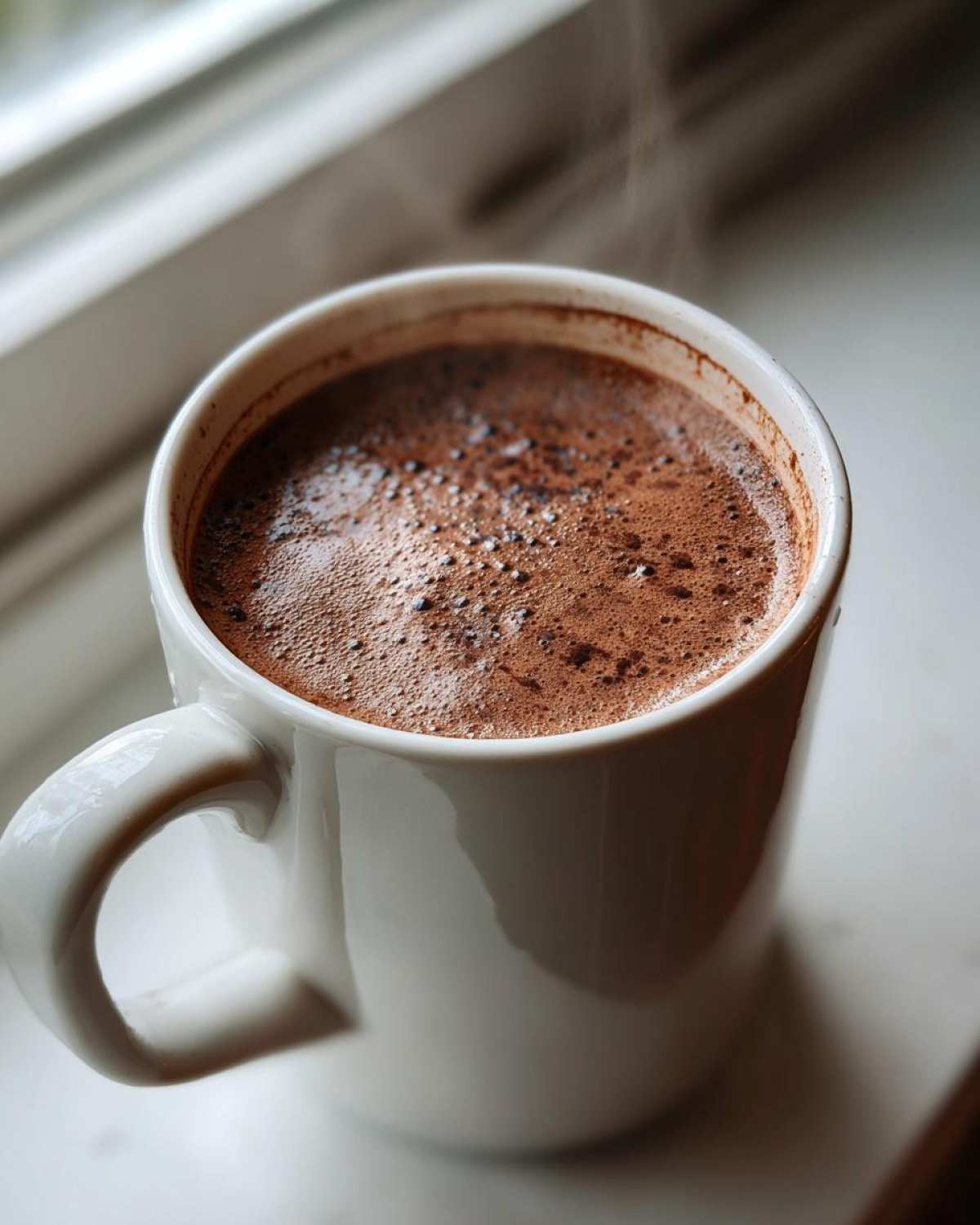 Close-up of a steaming white mug filled with rich, frothy hot cocoa mix beverage.