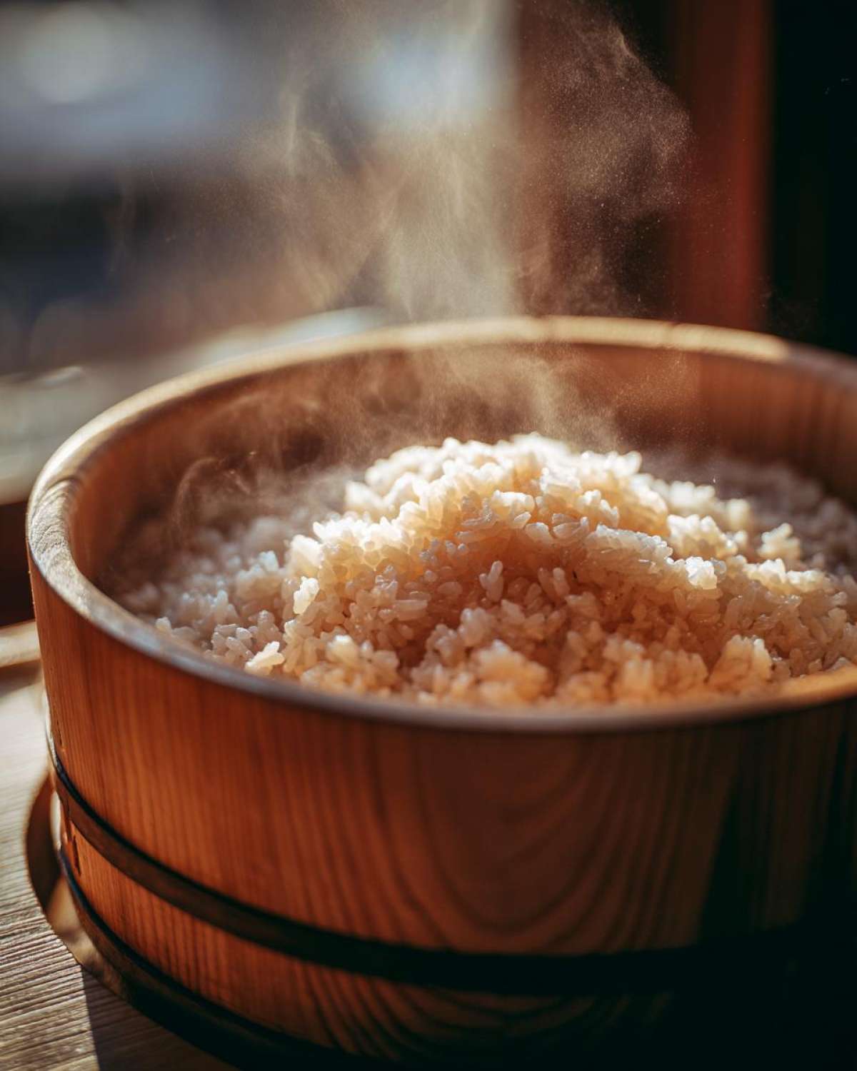 Close-up of perfectly cooked, steaming sushi rice cooling in a traditional wooden hangiri mixing bowl.