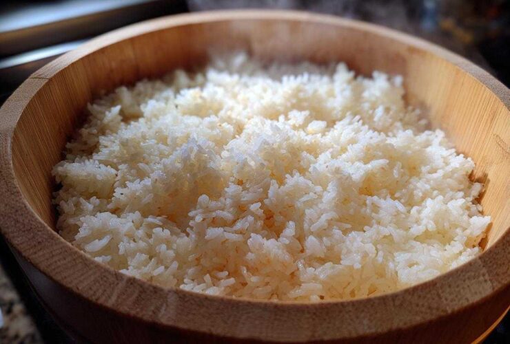 Close-up of perfectly cooked, steaming sushi rice resting in a traditional wooden hangiri bowl.