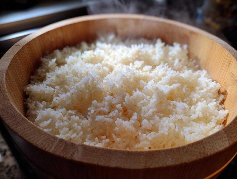 Close-up of perfectly cooked, steaming sushi rice resting in a traditional wooden hangiri bowl.