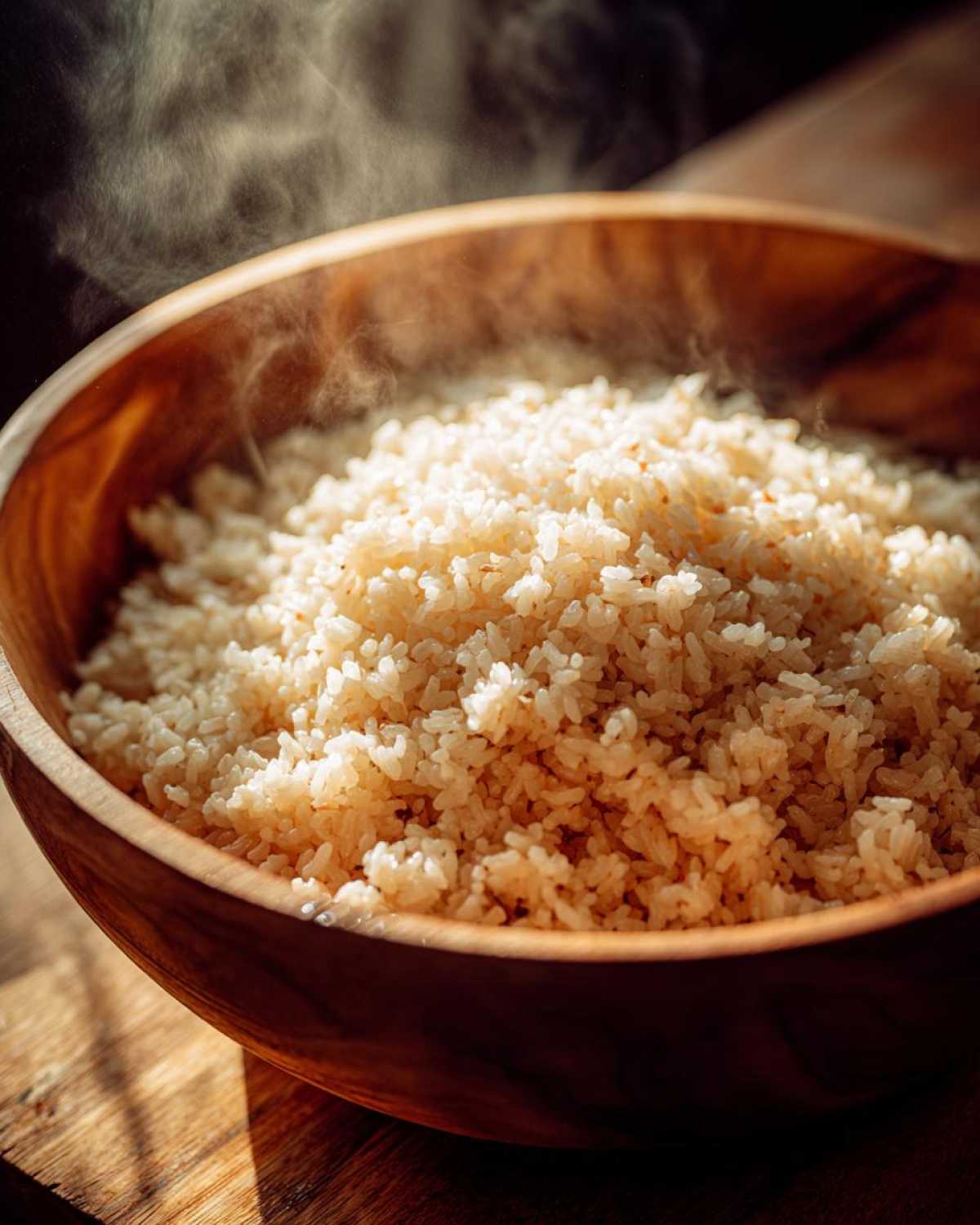 Close-up of perfectly cooked, steaming sushi rice grains in a rustic wooden bowl.
