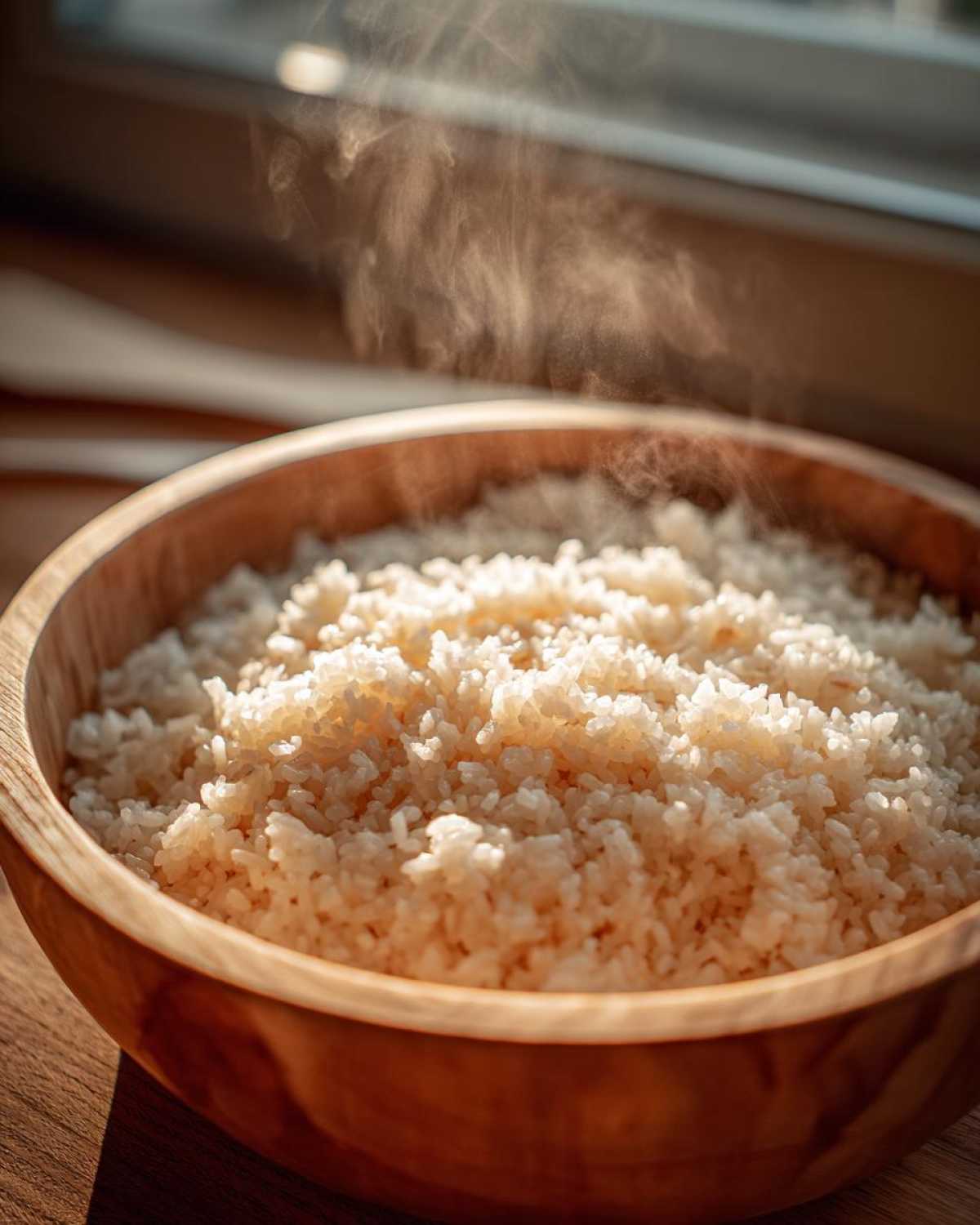 Close-up of freshly cooked, steaming sushi rice in a traditional wooden bowl.