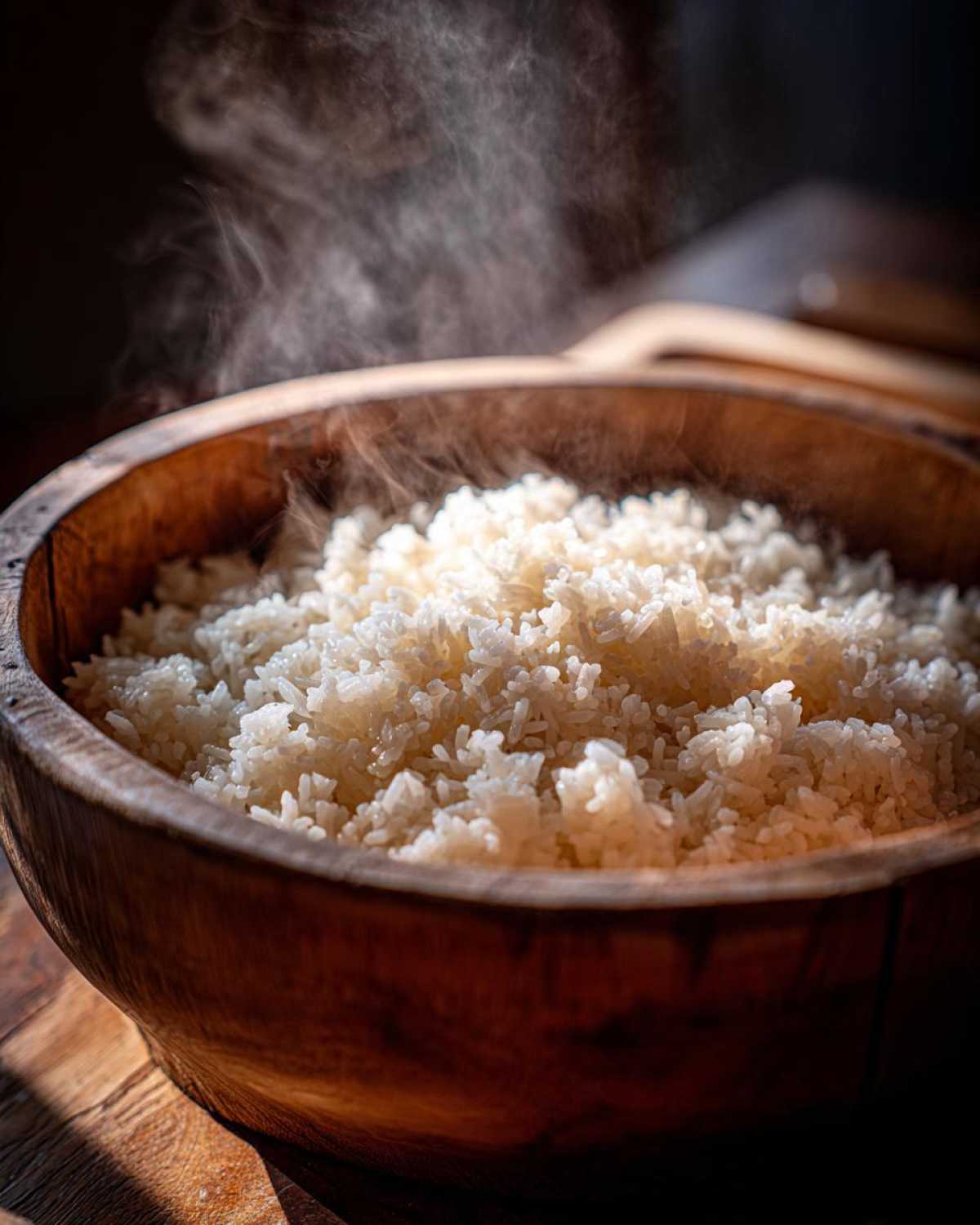 Close-up of freshly cooked, steaming sushi rice in a dark wooden bowl.
