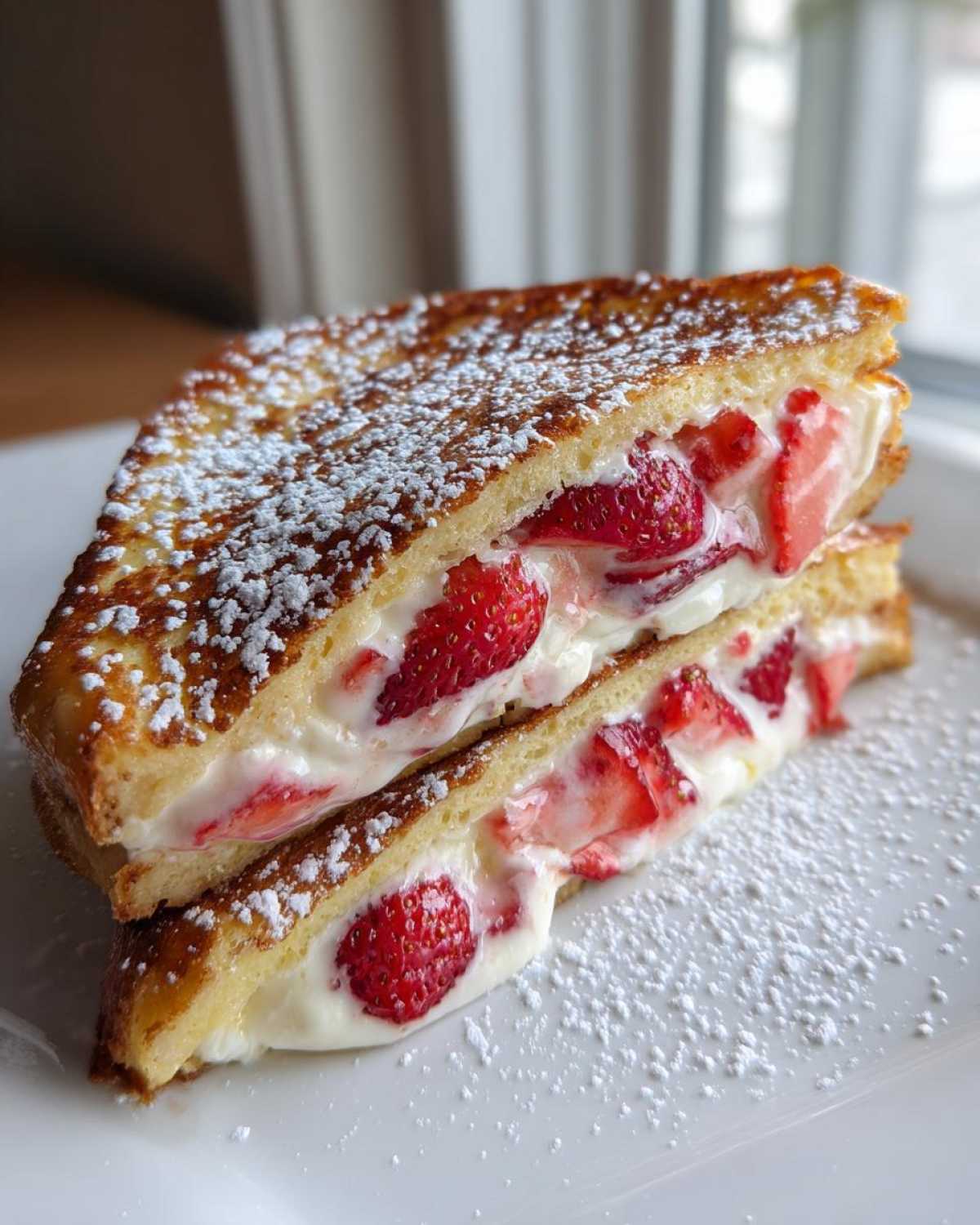 A stack of golden brown stuffed french toast filled with cream cheese and fresh strawberries, dusted with powdered sugar.