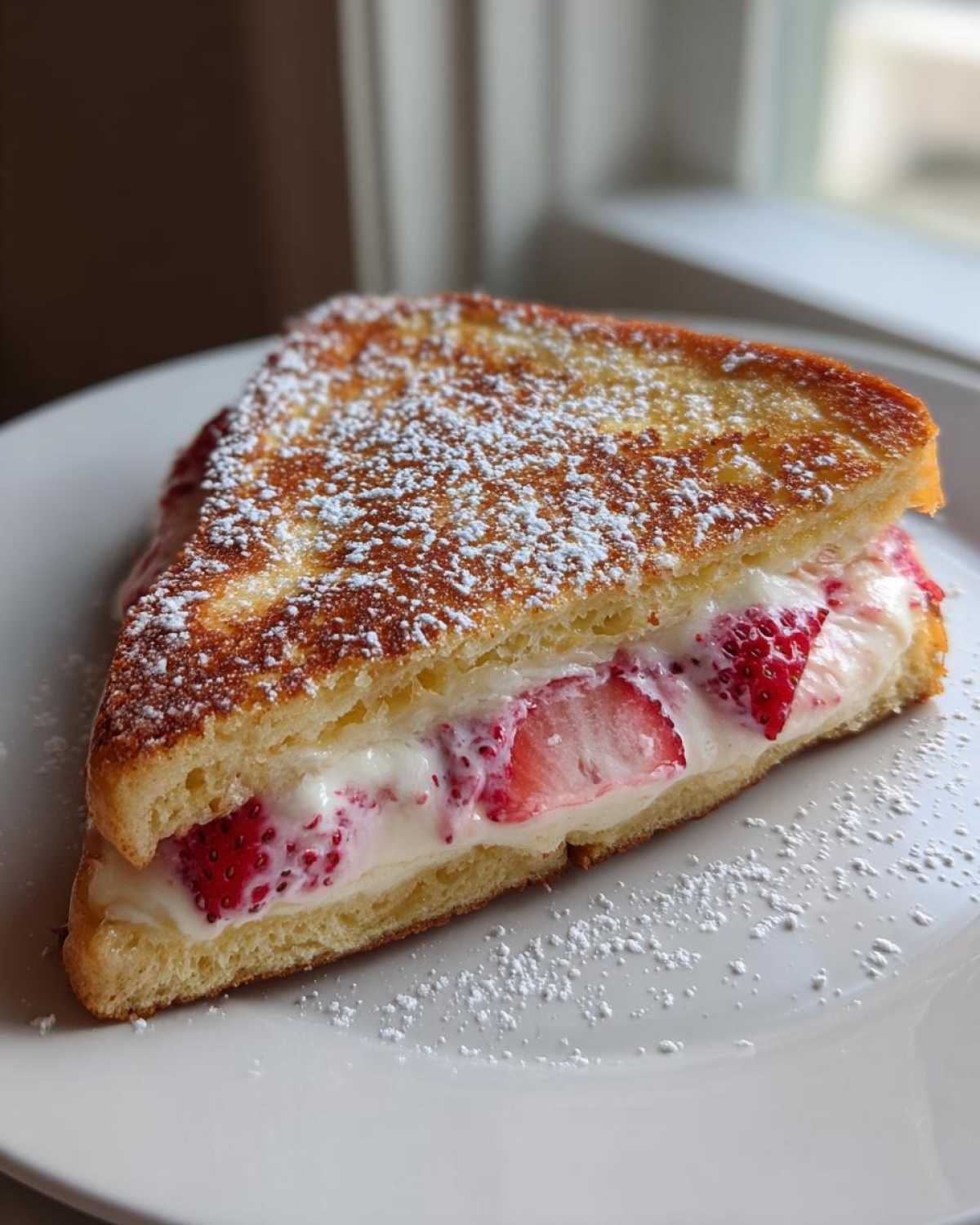 A close-up of stuffed french toast filled with cream cheese and sliced strawberries, dusted with powdered sugar.
