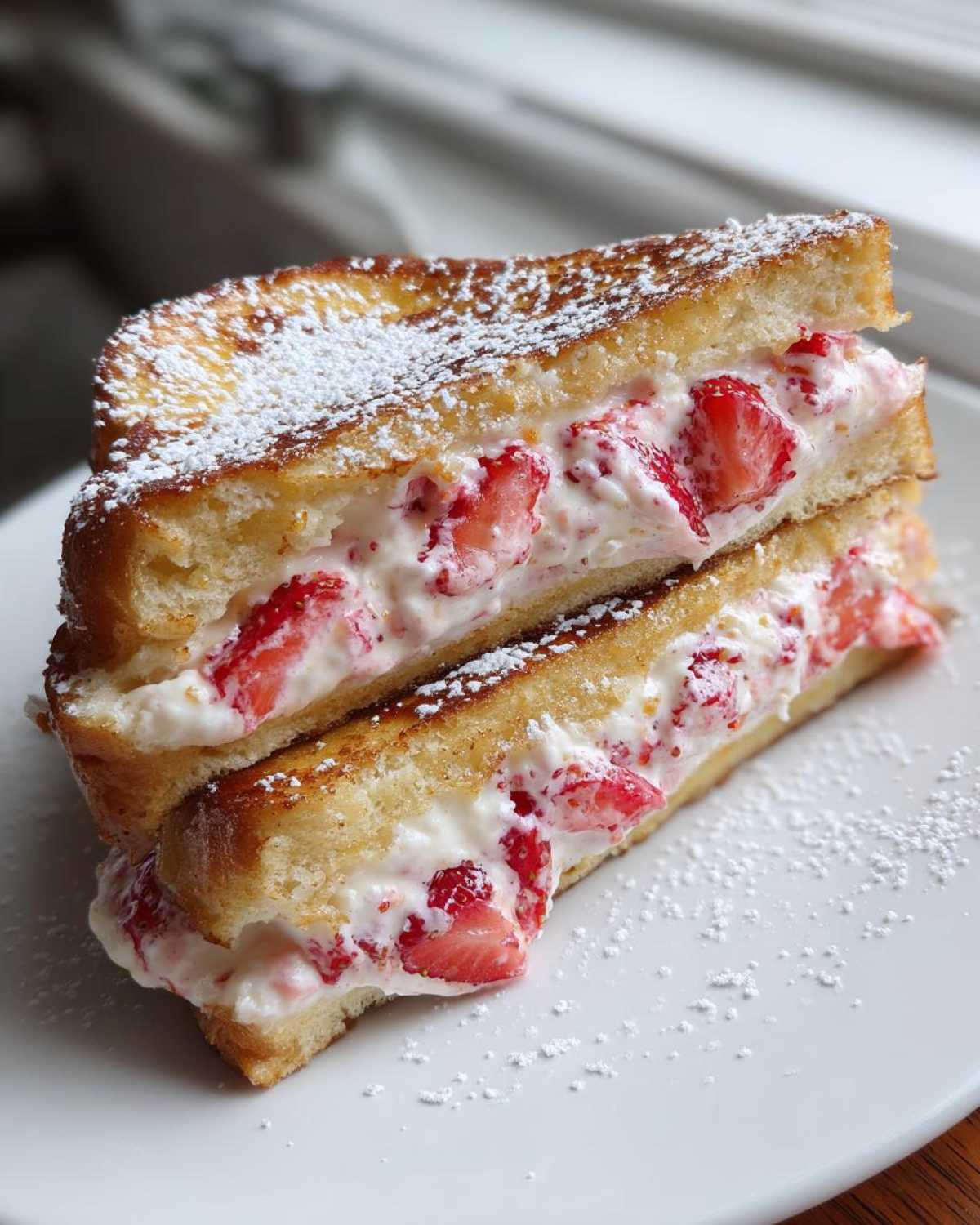 Two halves of golden brown stuffed french toast filled with creamy strawberry filling, dusted with powdered sugar.